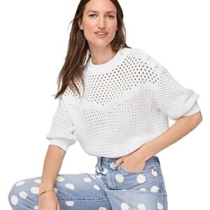 J. Crew White Elbow Sleeve Crochet Sweater